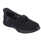 The Audrey Slip-Ons by Skechers from SKECHERS USA INC feature a black slip-on casual design with a knitted mesh, elastic straps, and a cushioned sole.