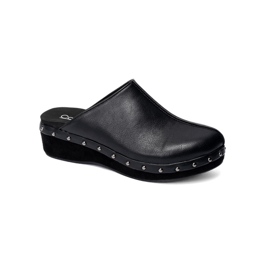 The Newbie Clog in Black by Corky's, crafted by CORKY'S FOOTWEAR INC, is a slip-on clog made of black leather. It features a comfortable 2-inch heel, a slight platform, and silver studs along the sole edge.