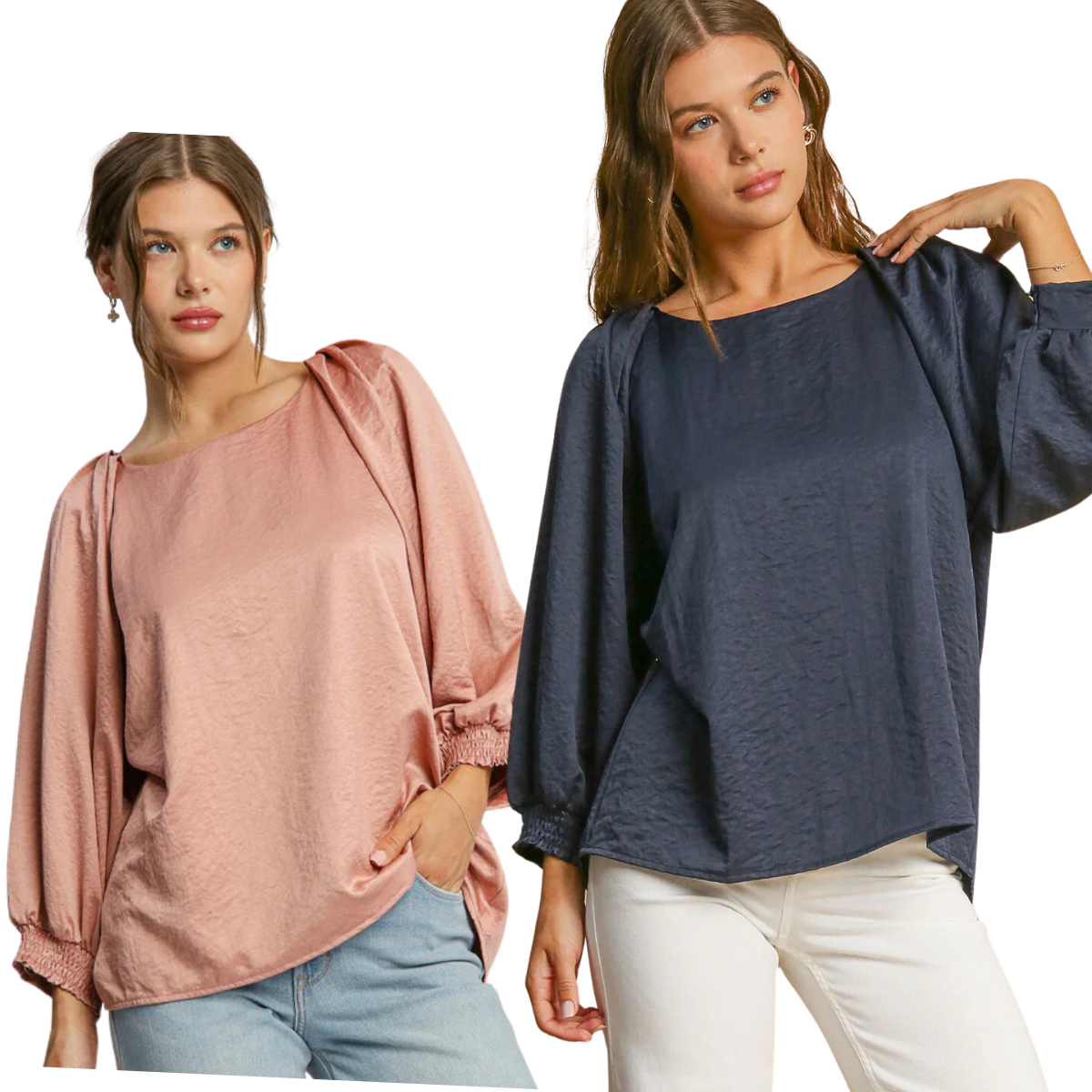 Two models present loose-fitting, silky blouses. The left model wears the Umgee Round Neck High Low Top in pink, featuring smocked cuffed sleeves, while the right model dons the navy version of the same top with pleated detail. Both tops are elegantly paired with white pants.