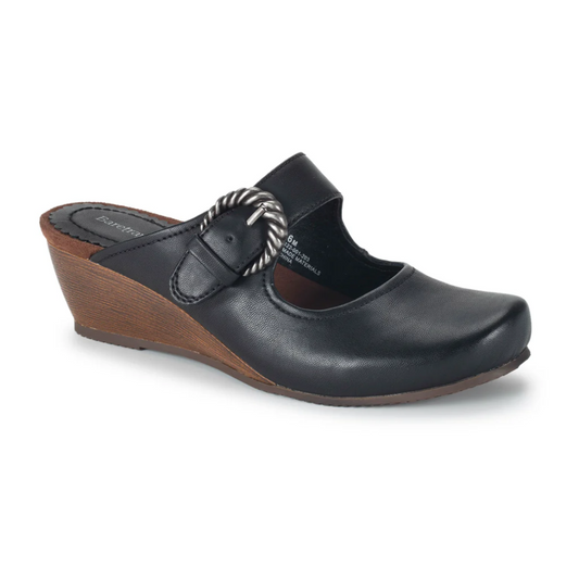 The Luna Mary Jane Clog Wedge in Black by Baretrapps is a leather shoe with a closed toe, open back, and a braided buckle strap on the upper part, featuring advanced comfort technology for all-day wear.