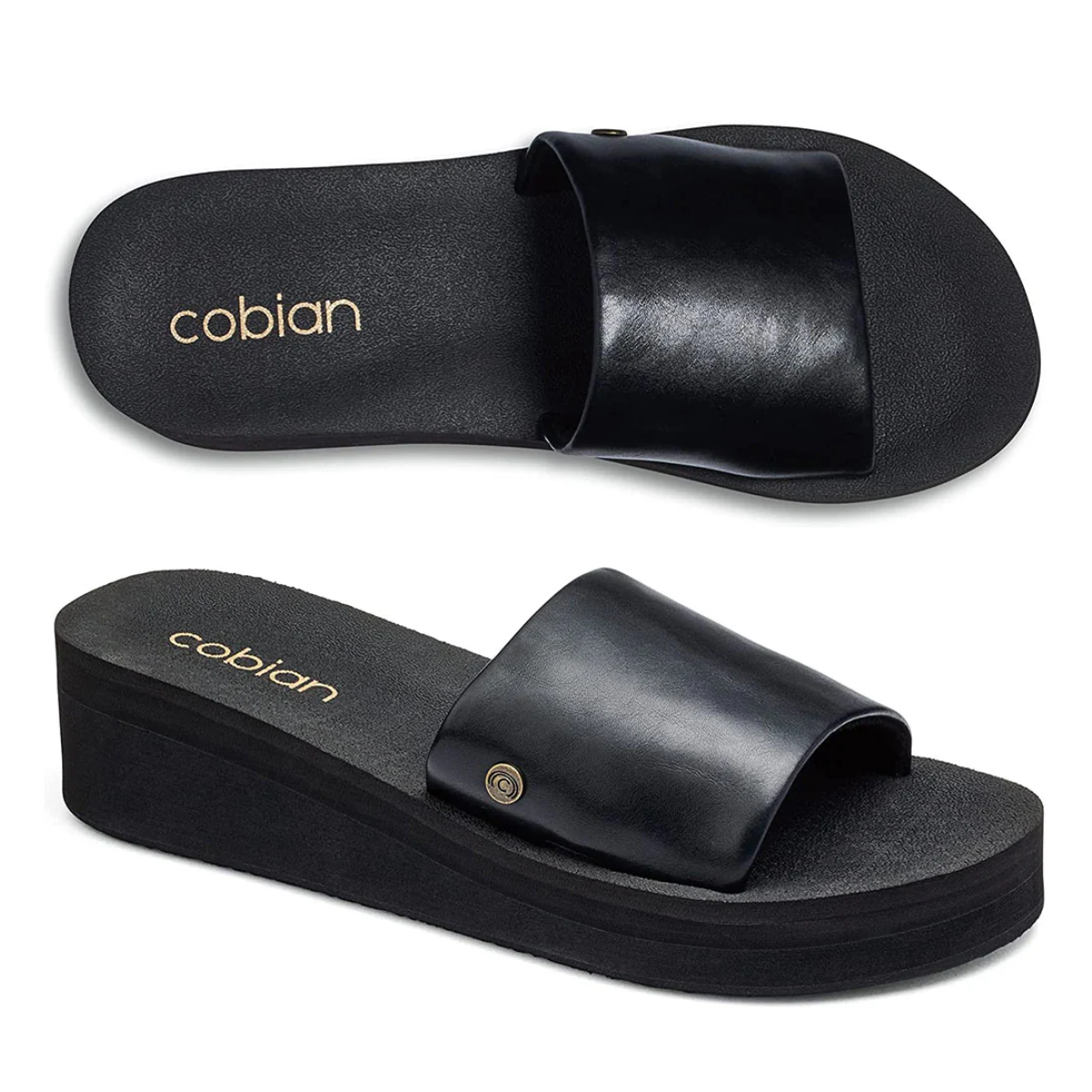 A pair of COBIAN SEVILLE BLACK slip-on sandals featuring a wedge sole and a broad leather strap. Main image