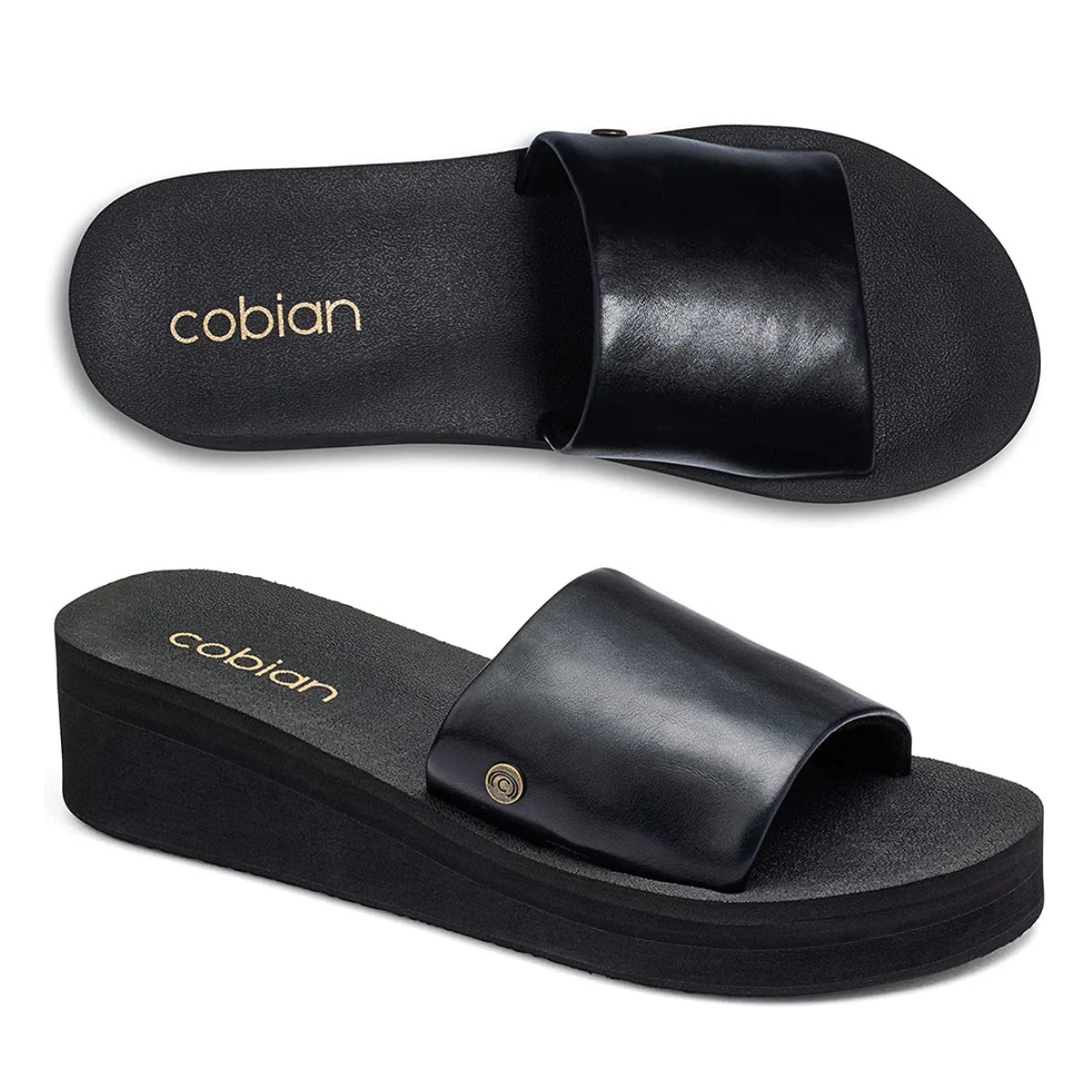 A pair of COBIAN SEVILLE BLACK slip-on sandals featuring a wedge sole and a broad leather strap.