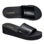 A pair of COBIAN SEVILLE BLACK slip-on sandals featuring a wedge sole and a broad leather strap.