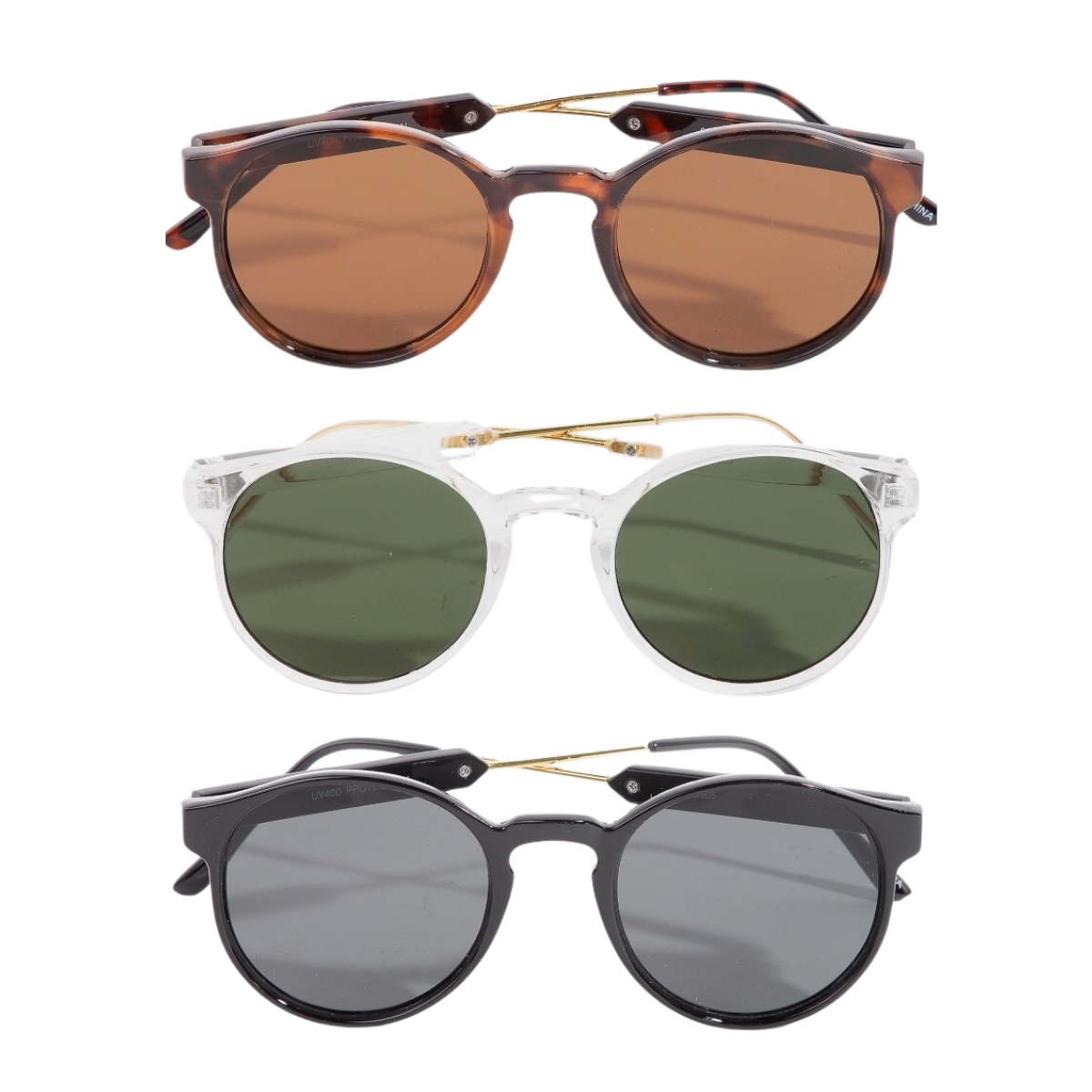 A vertical arrangement featuring three pairs of FASHION GO's Simple Round Lens Sunglasses: tortoiseshell frames with brown lenses, clear frames with green lenses, and black frames with dark lenses. Main image