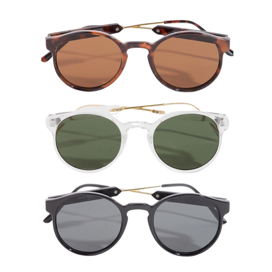 A vertical arrangement featuring three pairs of FASHION GO's Simple Round Lens Sunglasses: tortoiseshell frames with brown lenses, clear frames with green lenses, and black frames with dark lenses.