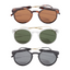 A vertical arrangement featuring three pairs of FASHION GO's Simple Round Lens Sunglasses: tortoiseshell frames with brown lenses, clear frames with green lenses, and black frames with dark lenses.