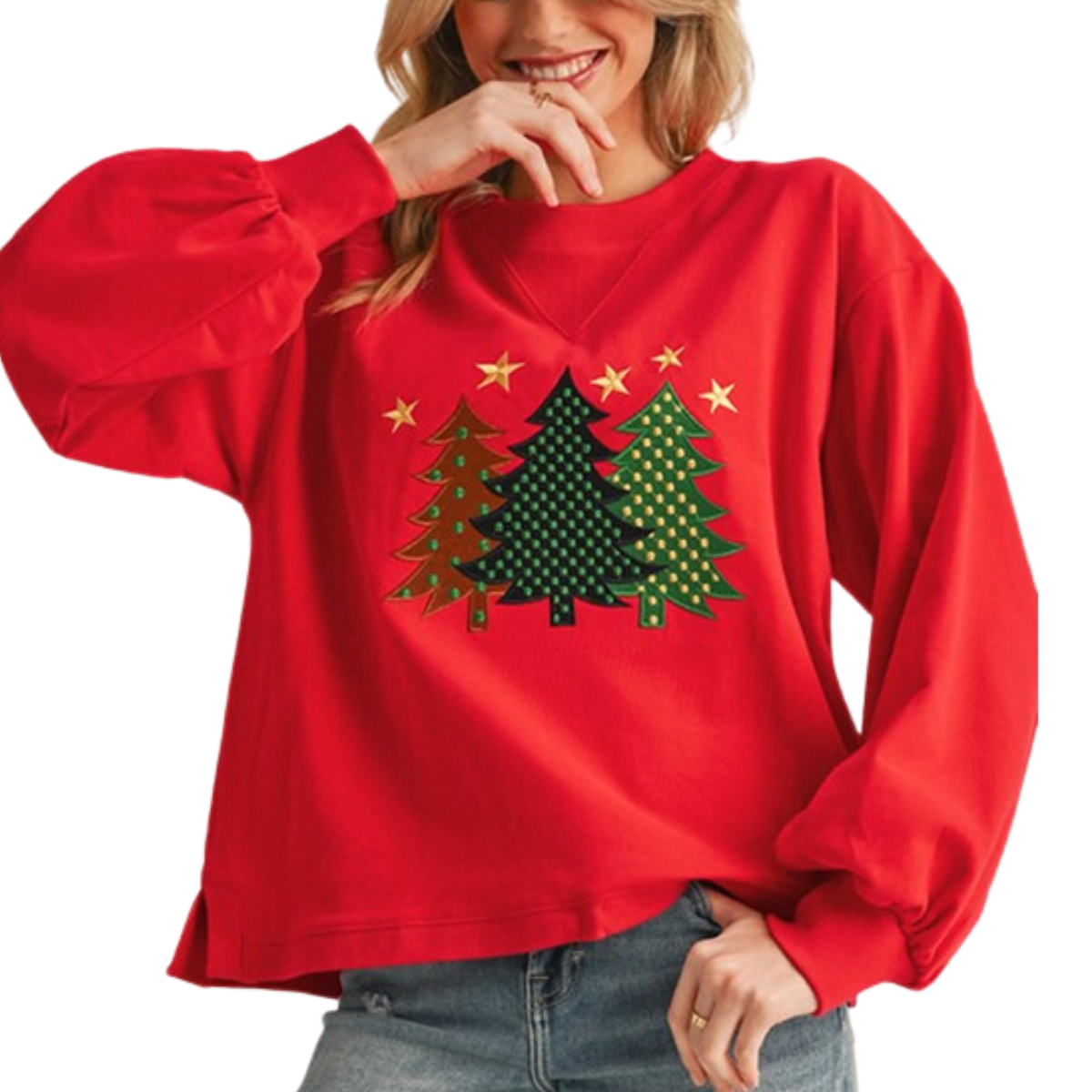 A person in a Christmas Tree Sweatshirt by FASHION GO, paired with blue jeans, ready to spread festive cheer during the holidays.