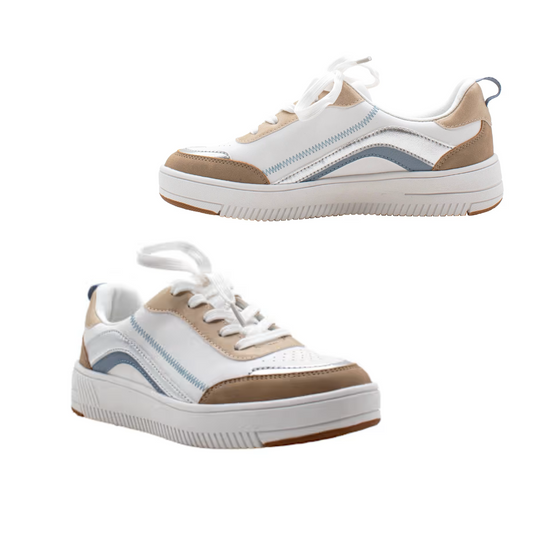 The image displays two Volatile Sloane Sneakers featuring beige and blue colorblock accents on a white background, with one shown from the side and the other from a lower front angle to showcase their modern chunky sole design.