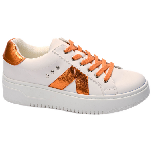 The Tailgate Sneaker in Orange Metallic by Corkys from CORKY'S FOOTWEAR INC features white platform sneakers with a metallic orange accent, orange laces, and a plush memory foam footbed for ultimate comfort. Ideal for sports fans looking to combine style and support in every step.
