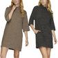 Two women elegantly wear the classy Turtle Neck Knit Dresses from FASHION GO, featuring three-quarter sleeves; one dress comes in a chic beige hue, while the other is styled in a fashionable gray, making them perfect fall choices.