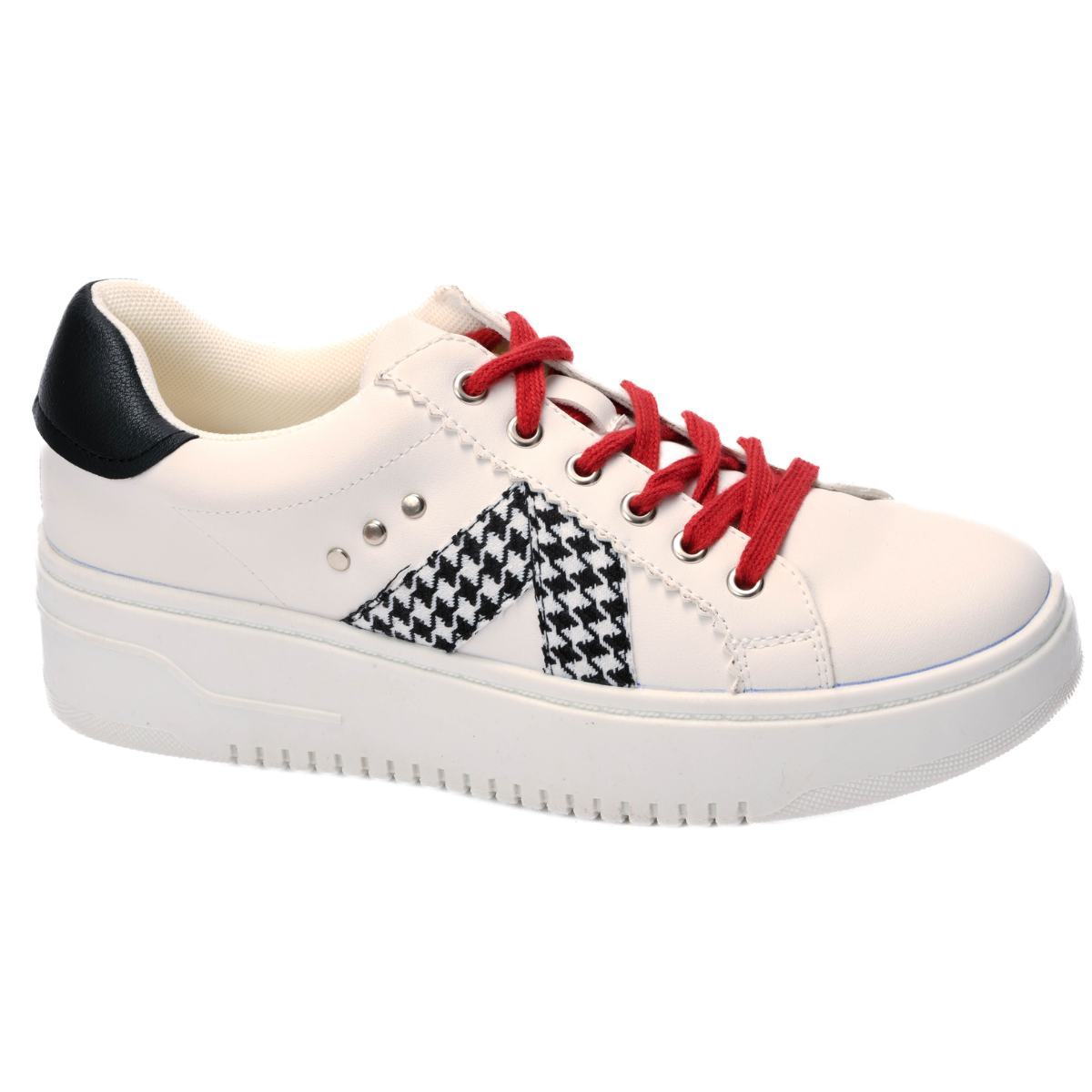 The Tailgate Sneaker in Houndstooth by Corky's from CORKY'S FOOTWEAR INC is a single white sneaker featuring red laces, houndstooth print detailing on the sides, and a thick white sole. Perfect for football season, these shoes boast black material on the heel—ideal tailgate sneakers for any fan.