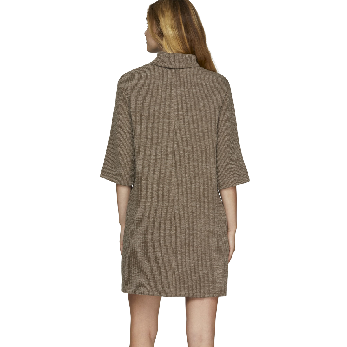 A person with long hair is standing, facing away, wearing a classy brown Turtle Neck Knit Dress by FASHION GO with three-quarter sleeves—a perfect fall dress.