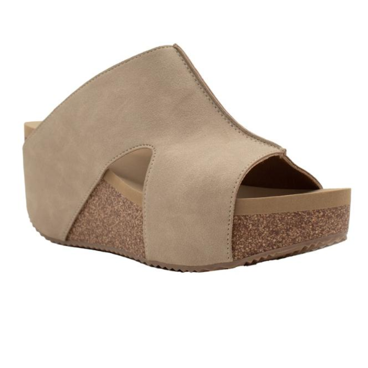 Volatile - Rosenthal & Rosenthal's Cassatt Faux Suede Slide With Cutouts in Sand features a cork sole, peep toe design, and stylish cutout details.