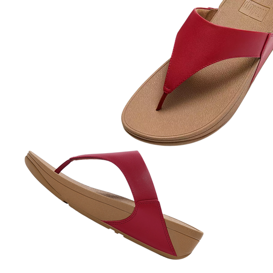A pair of FITFLOP USA LLC Lulu Leather Flip-Flops in Burnt Berry with tan soles, triple-density cushioning, and an ergonomic footbed, displayed from top and side views on a white background.