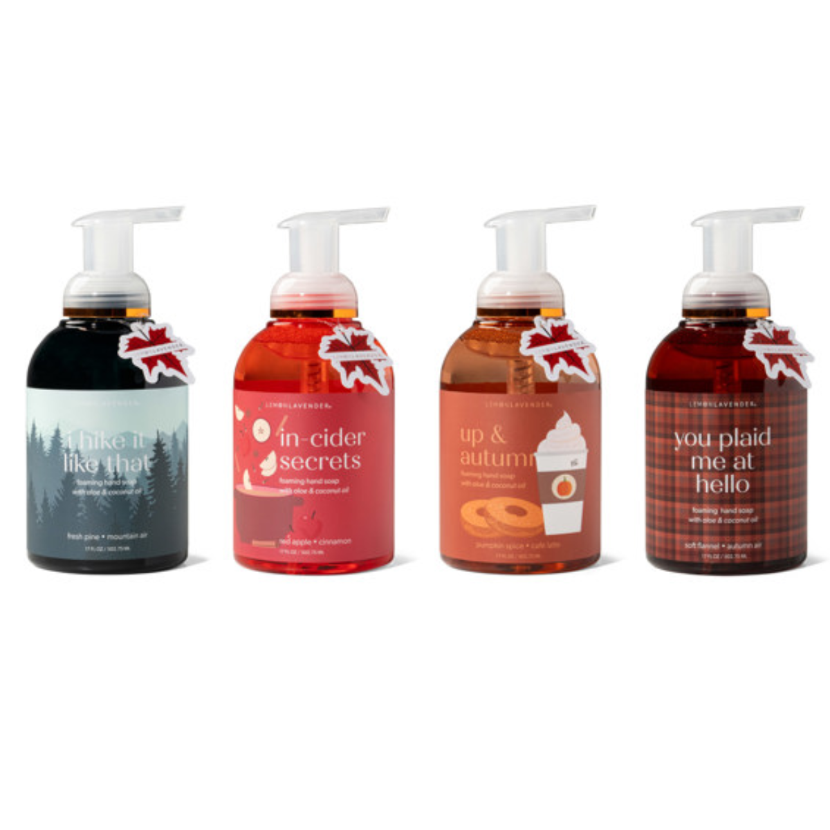 Four bottles of DM MERCHANDISING INC's Up & Autumn Foaming Hand Soap, each featuring a unique autumn-themed label and soothing ingredients, complete with a pump top. Main image