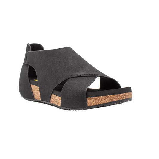 Introducing the Barstow Faux Suede Sandal With Cutout Black by Volatile - Rosenthal & Rosenthal: a black, open-toe silhouette featuring a thick cork sole, cut-out design, and adjustable back strap—perfect for effortless summer style.