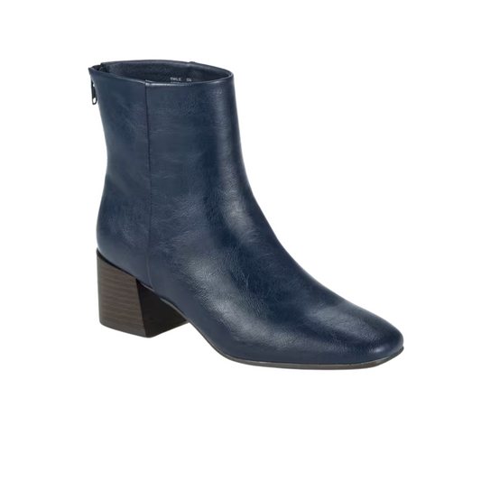The Emilie Boot in Navy by Baretrapps features a block heel, side zipper, smooth leather finish, and a cushioned insole for all-day comfort.