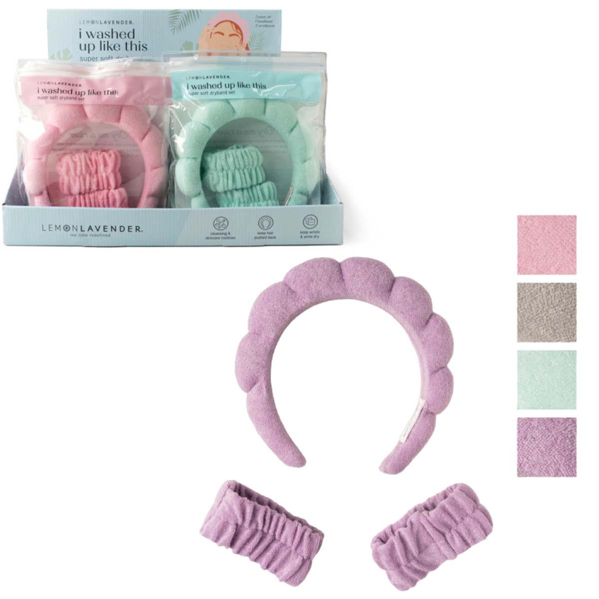 Displayed are a pink terrycloth headband and two matching scrunchies, ideal for skincare routines. They come in a "DM MERCHANDISING INC" box with blue and pink variants shown in the background and are part of the "I Washed Up Like This Dryband Headband Set. Main image