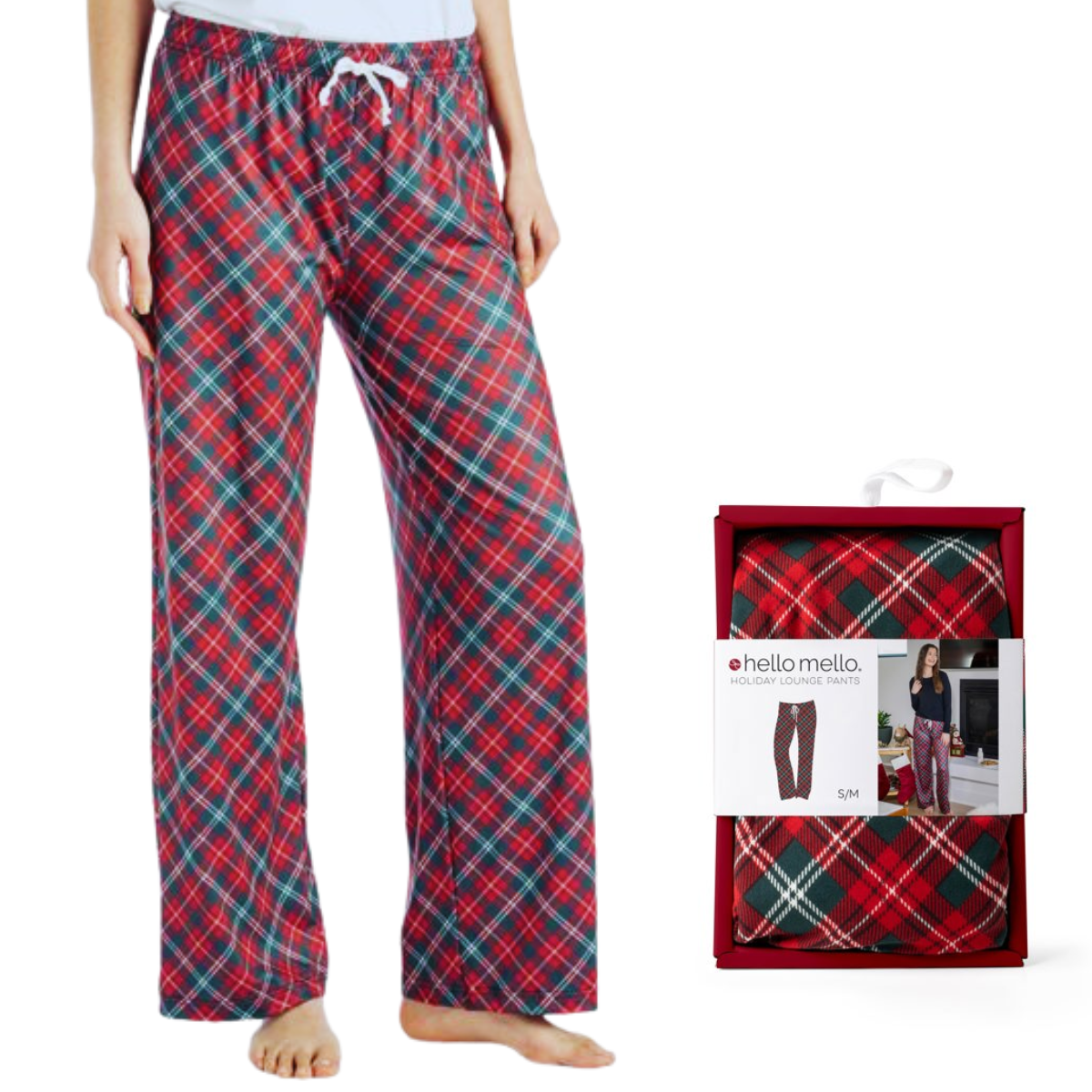 Wearing the All Wrapped Up Plaid Holiday Lounge Pants from DM MERCHANDISING INC, made of signature soft fabric, a person stands next to a packaged pair—ideal as a cozy Christmas stocking stuffer.