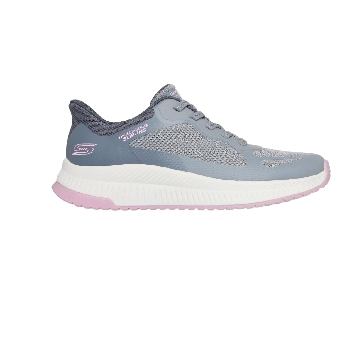The SKECHERS Slip Ins Staple Look Sneaker is shown in a side profile, featuring a gray and light purple mesh upper, white and pink sole, memory foam cushioning, and a lace-up design. Main image