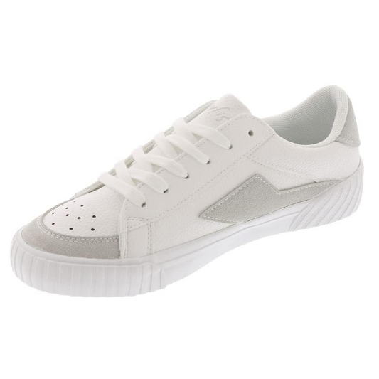 A white Willa Vegan Leather Sneaker by Blowfish from CALERES INC, featuring gray accents, a textured synthetic upper, perforated toe box, lace-up closure, and a ridged rubber sole.