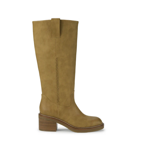 The Selkie Boot by Baretraps in Whiskey features tan suede, a knee-high tall riding style, low block heel, round toe, pull-on tabs, side stitching, and a cushioned insole for comfort.