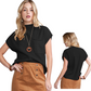 A woman models the Fashiongo Patch Pocket Ribbed Knit Sweater—black, short-sleeved with a chest patch pocket—paired with a tan button-front skirt; shown from front and back.