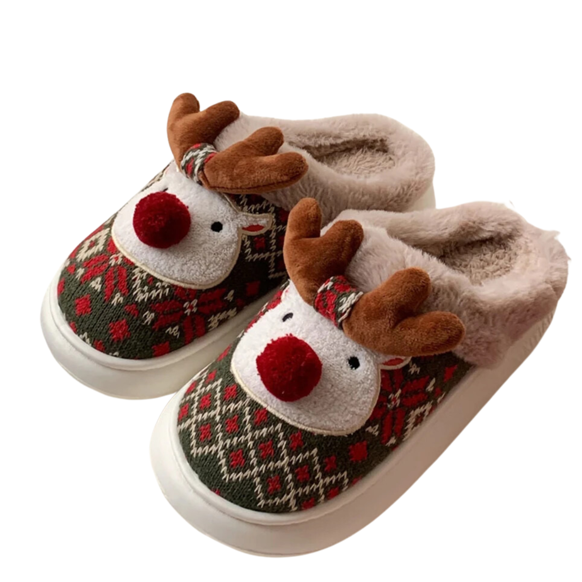 Embrace the cozy Christmas spirit with Shewin's 3-D Reindeer Plush Slippers. These delightful slippers feature a charming cartoon reindeer design, complete with antlers and a red nose. Adorned with festive green and red fair isle patterns, they offer plush lining for ultimate warmth and comfort.