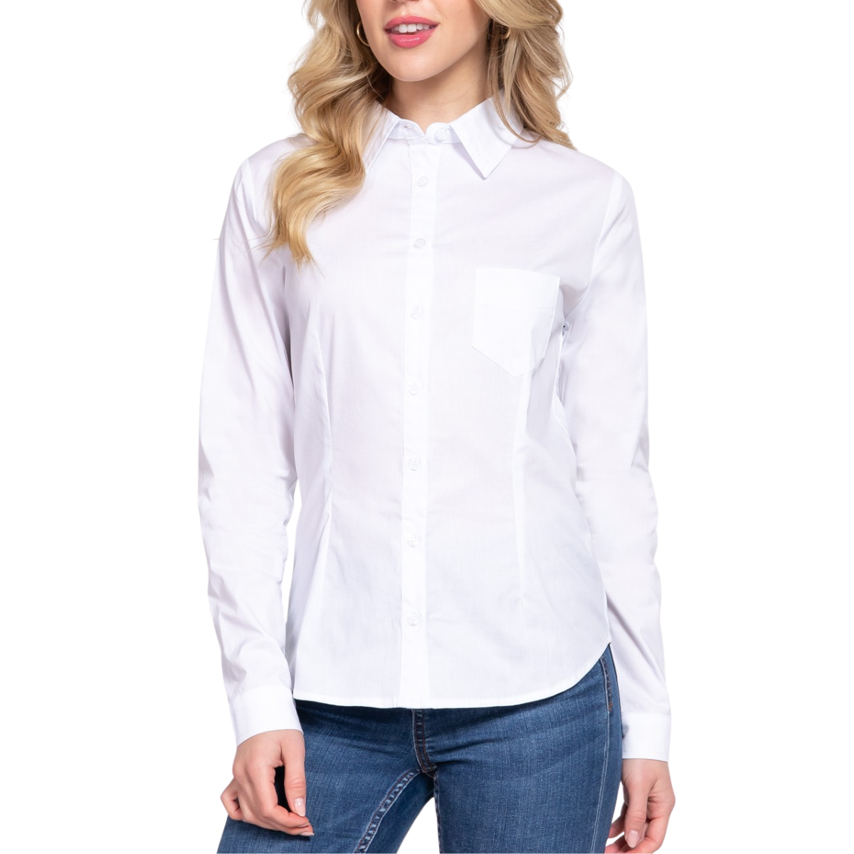 A woman wearing the FASHION GO Long Sleeve Button Down Stretch Poplin Shirt with blue jeans stands against a plain white background. The shirt combines comfort and style. Main image