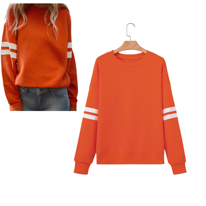 The FASHION GO Varsity Striped Drop Shoulder Sweatshirt features white varsity stripes on the sleeves in orange, shown worn and displayed on a wooden hanger.