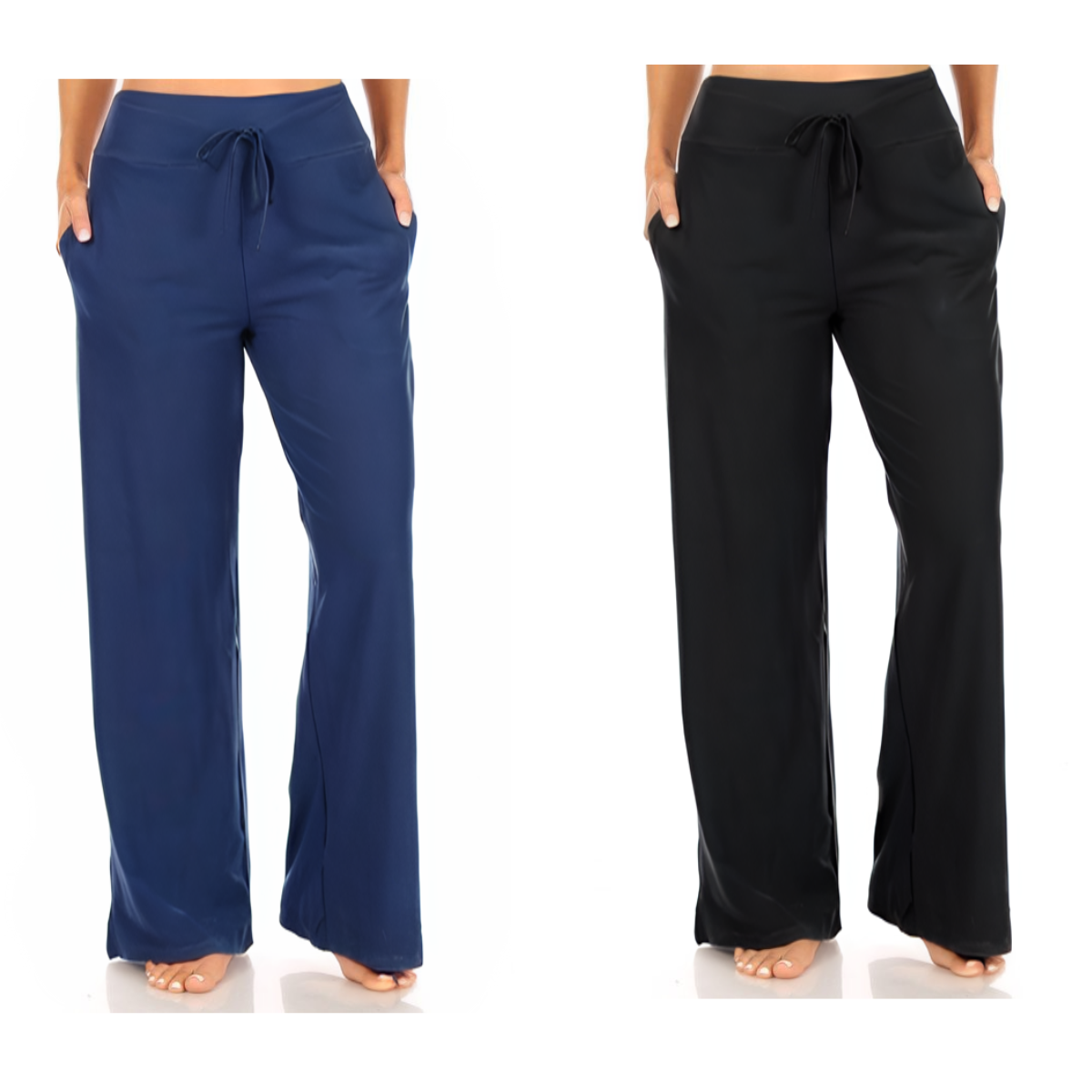 The Pajama Lounge Pants in Solid Colors from FASHION GO come in two stylish pairs, one blue and one black, featuring a comfortable drawstring waist and side pockets, as modeled by a person. Main image