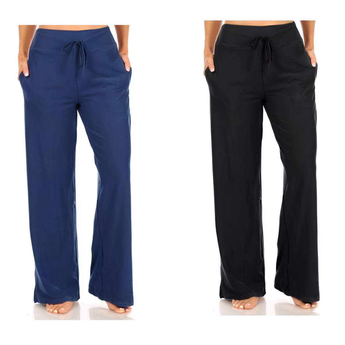 The Pajama Lounge Pants in Solid Colors from FASHION GO come in two stylish pairs, one blue and one black, featuring a comfortable drawstring waist and side pockets, as modeled by a person.