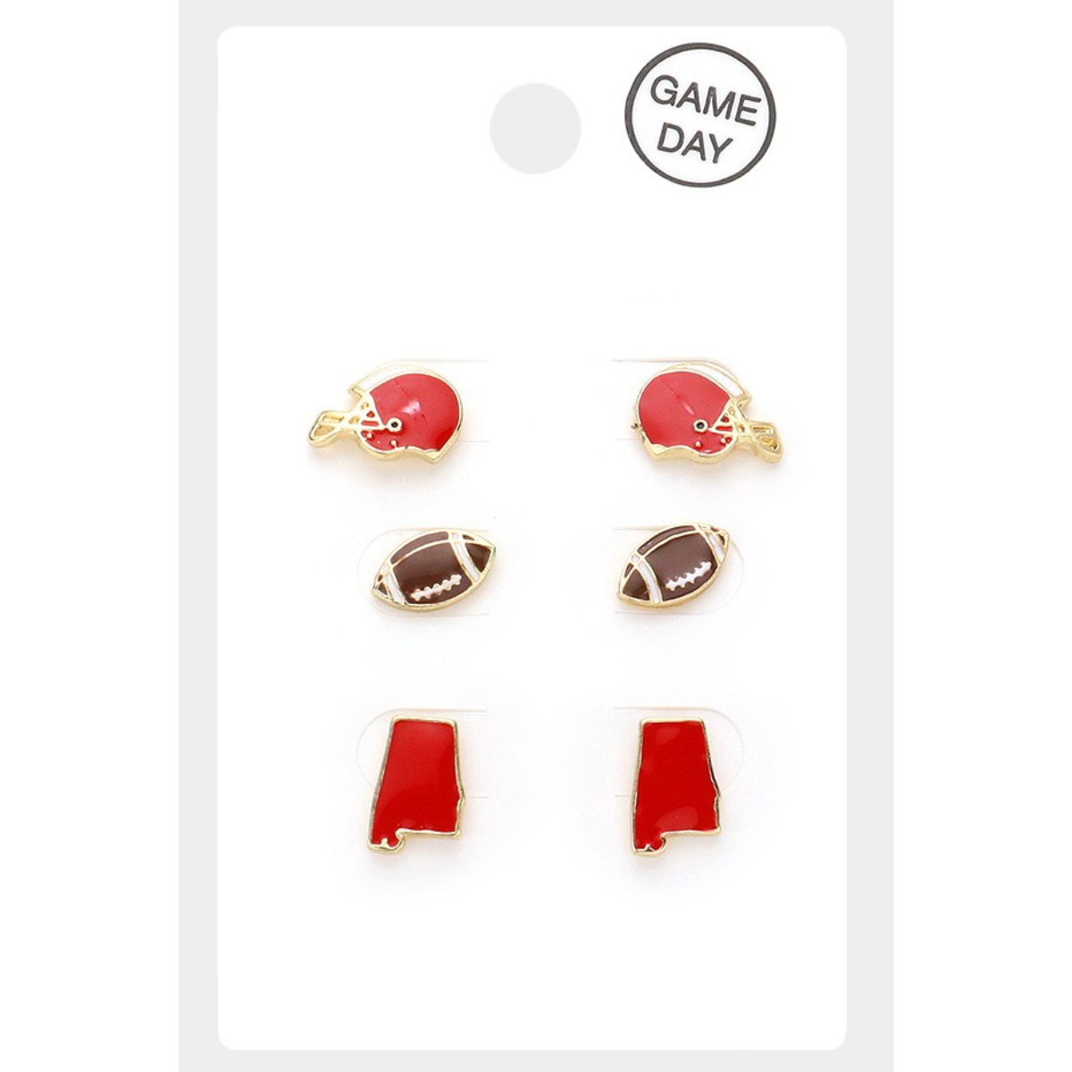 Introducing the "Game Day Stud Earrings - Red and White" by Wona Trading. This delightful set includes six football-themed stud earrings, displayed on a white card labeled "Game Day." The designs feature football helmets, footballs, and red state maps. These small earrings are perfect for showcasing your team spirit! Main image