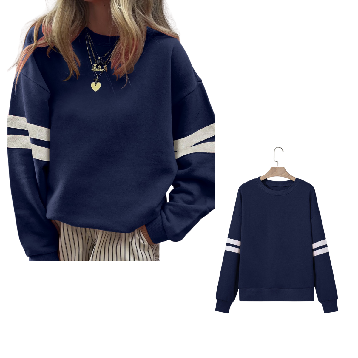 A person wears the FASHION GO Varsity Striped Drop Shoulder Sweatshirt in navy blue; a similar oversized sweatshirt is showcased on a hanger beside them.