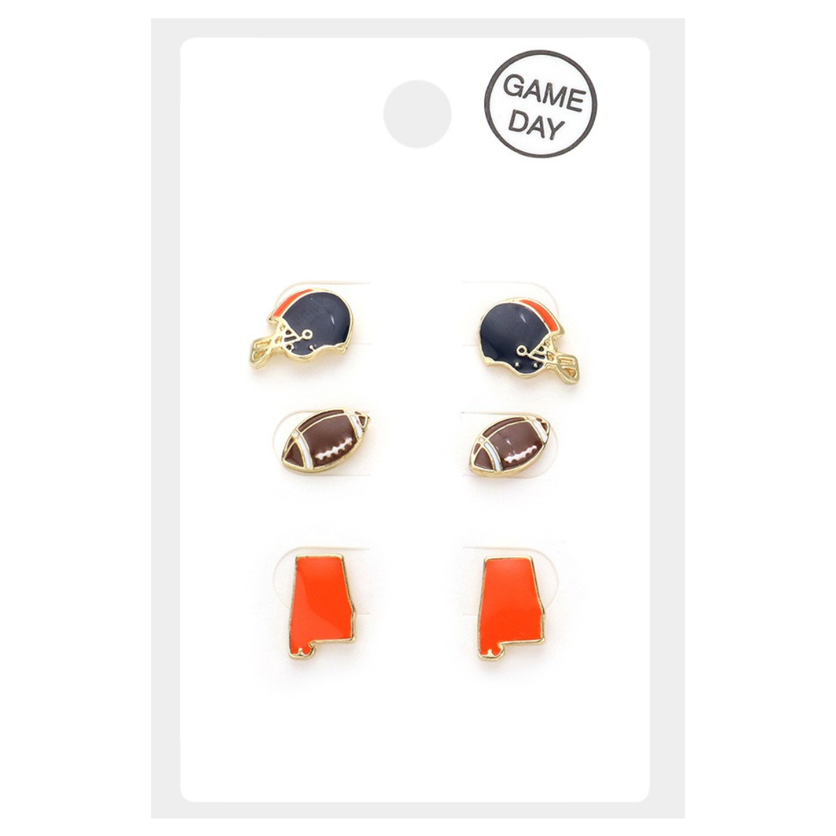 A set of **Wona Trading Game Day Small Stud Earrings - Orange and Navy** on a white card, featuring football helmets, footballs, and state-shaped designs with "Game Day" printed at the top right corner. Perfect for showcasing your navy and orange spirit! Main image