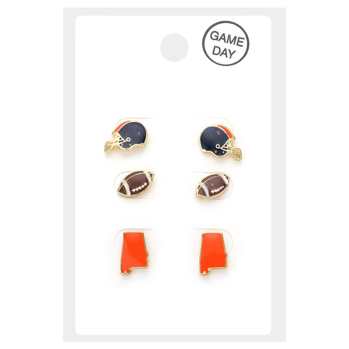 A set of **Wona Trading Game Day Small Stud Earrings - Orange and Navy** on a white card, featuring football helmets, footballs, and state-shaped designs with "Game Day" printed at the top right corner. Perfect for showcasing your navy and orange spirit!