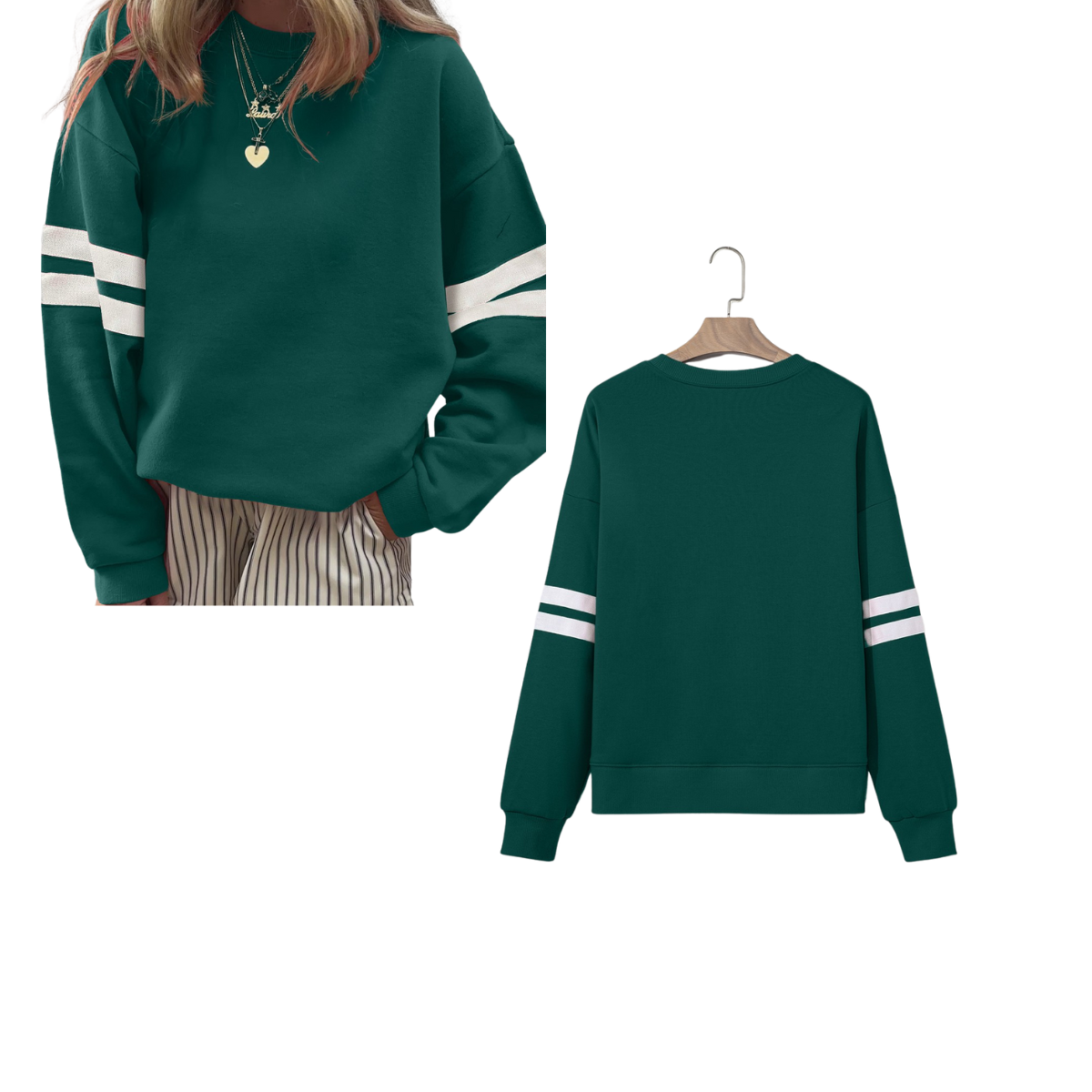 The FASHION GO Varsity Striped Drop Shoulder Sweatshirt in forest green features varsity stripes on the sleeves; shown worn from the front and displayed from the back on a hanger.