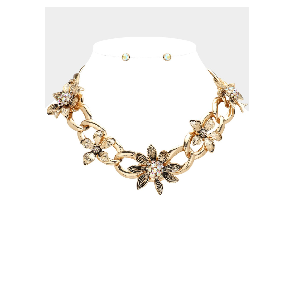 An exquisite Antique Metal Chunky Floral Necklace by FASHION GO, featuring intricate stone-paved flower designs, paired with a set of elegant stud earrings. Main image