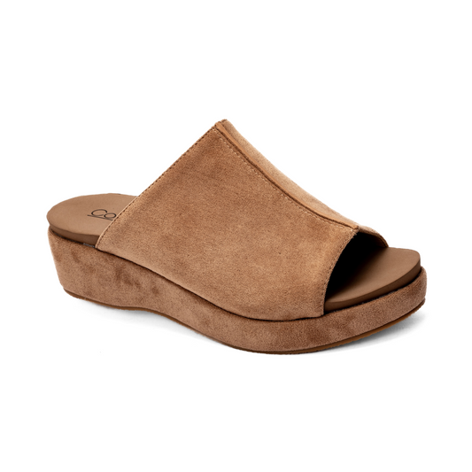 Introducing the Take Notes Peep Toe Low Wedge in Camel by Corky's, a sophisticated platform slide sandal from CORKY'S FOOTWEAR INC, featuring a peep-toe design, a low wedge, and a cushioned insole for ultimate comfort.