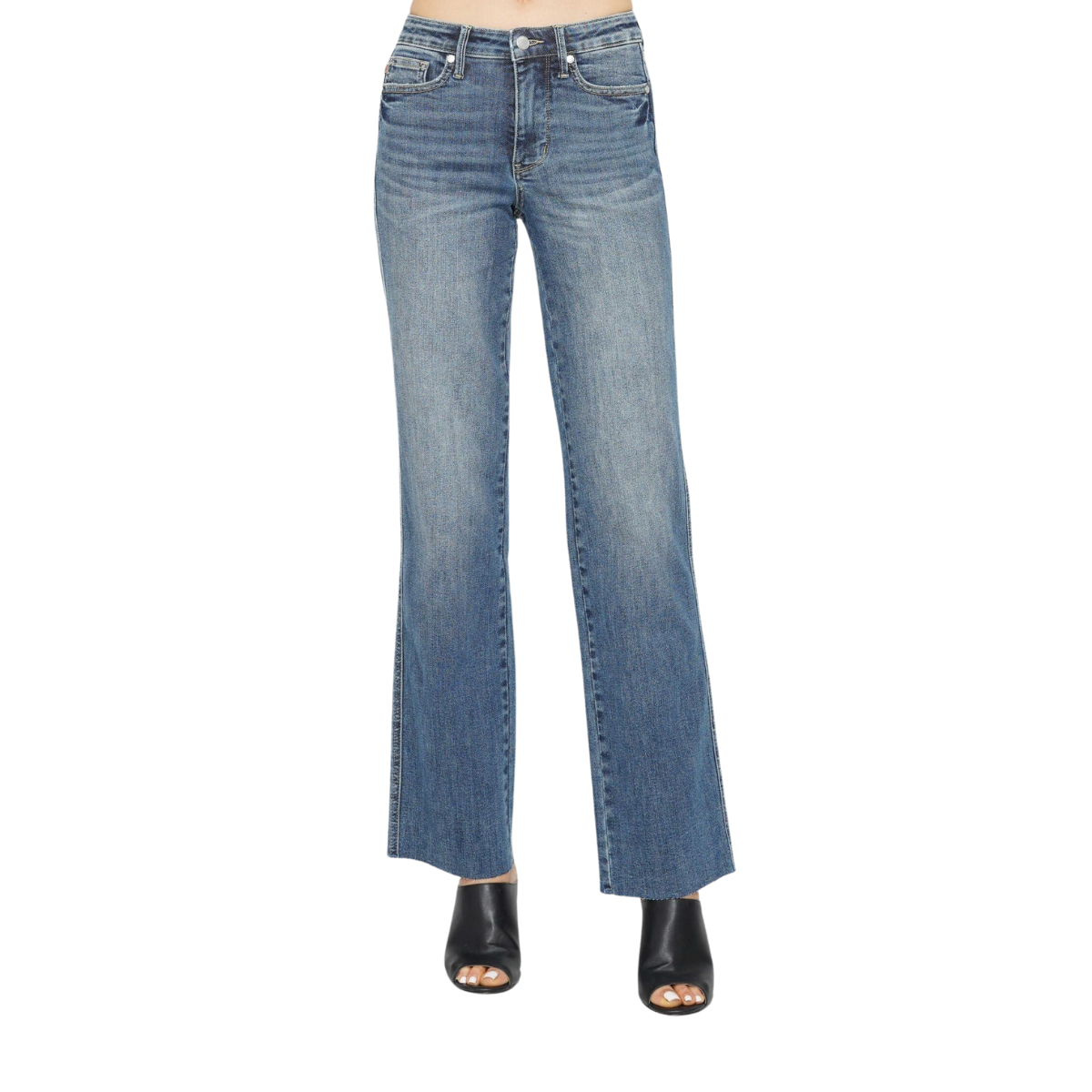 The image shows a person wearing Tummy Control Vintage Straight Mid-Rise Jeans by Judy Blue from FASHION GO, paired with black open-toe heeled shoes. The person’s upper body is not visible.