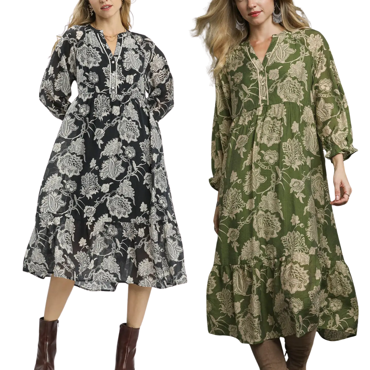 Two women wear Umgee Floral Print Boho Midi Dresses—one in black and white, the other in olive green and beige—both with a loose fit and tiered hem for a chic, boho-inspired look.