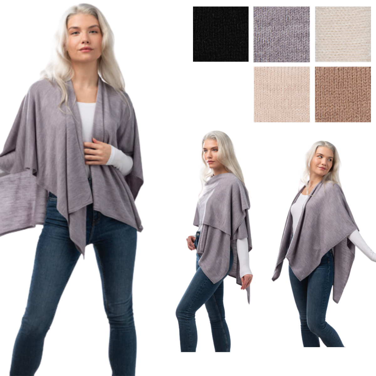 A woman wearing the Fall Neutral Cardi Wrap from Ganz Inc over a white top and blue jeans poses in various angles. Five fabric swatches in neutral colors—black, light grey, tan, beige, and cream—are displayed on the right. The versatile acrylic wrap in one size adds effortless chic to any outfit. Main image