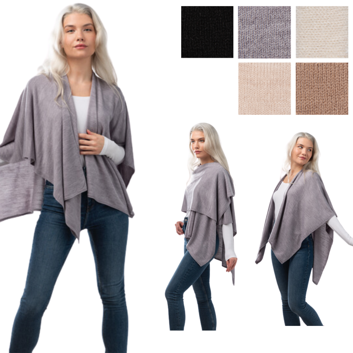 A woman wearing the Fall Neutral Cardi Wrap from Ganz Inc over a white top and blue jeans poses in various angles. Five fabric swatches in neutral colors—black, light grey, tan, beige, and cream—are displayed on the right. The versatile acrylic wrap in one size adds effortless chic to any outfit.