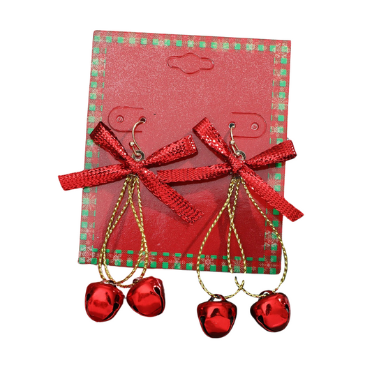 Red Christmas Bow and Bells Dangle Earrings