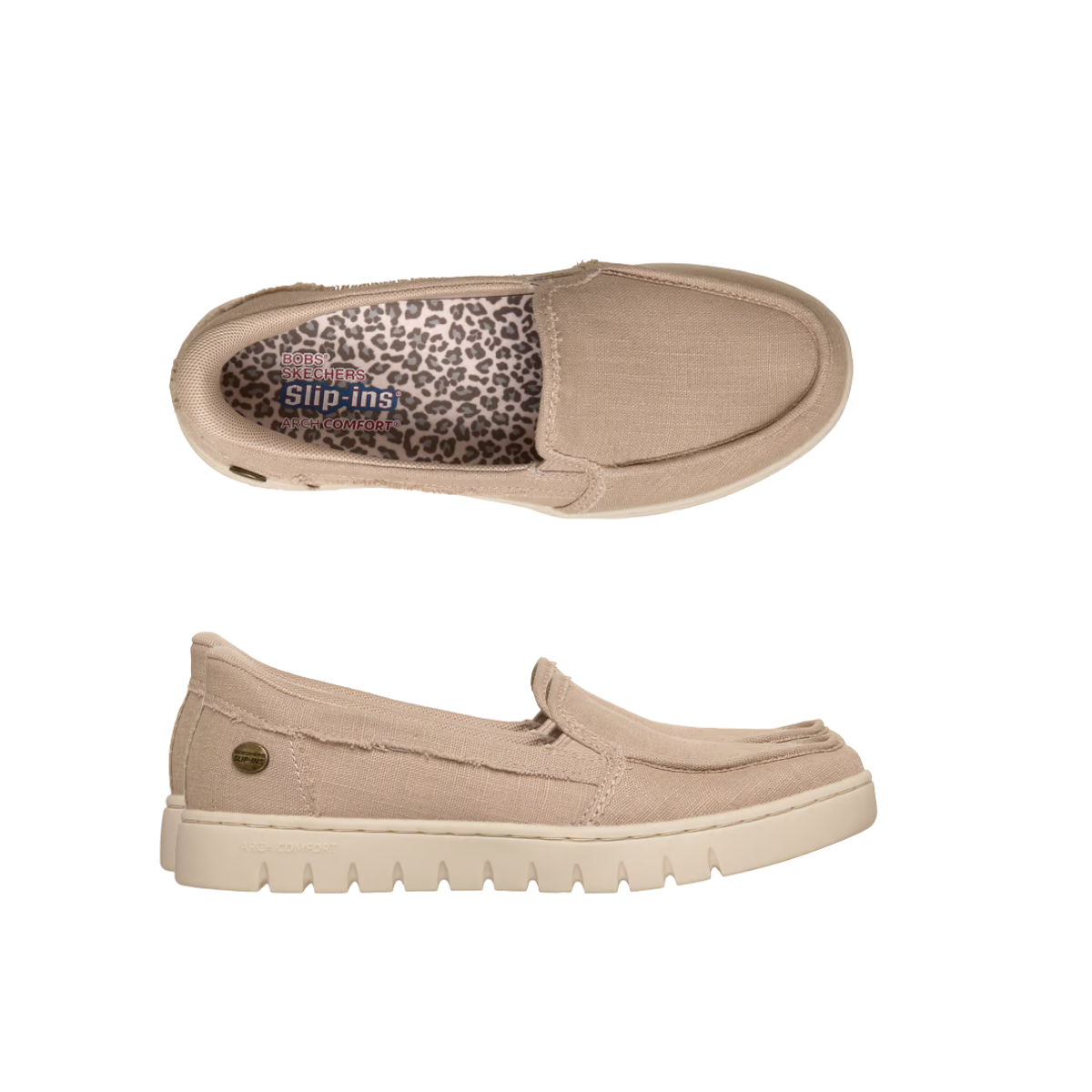 Top and side views of the beige Skechers Slip-ins: BOBS Arch Comfort Sunfest - Too Swift by SKECHERS USA INC, featuring a white sole, animal print insole, and BOBS Arch Comfort for all-day support. Main image