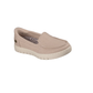 The Skechers Slip-ins: BOBS Arch Comfort Sunfest - Too Swift by SKECHERS USA INC is a beige loafer with a thick white sole and leopard print inner lining, displayed at an angle on a white background.