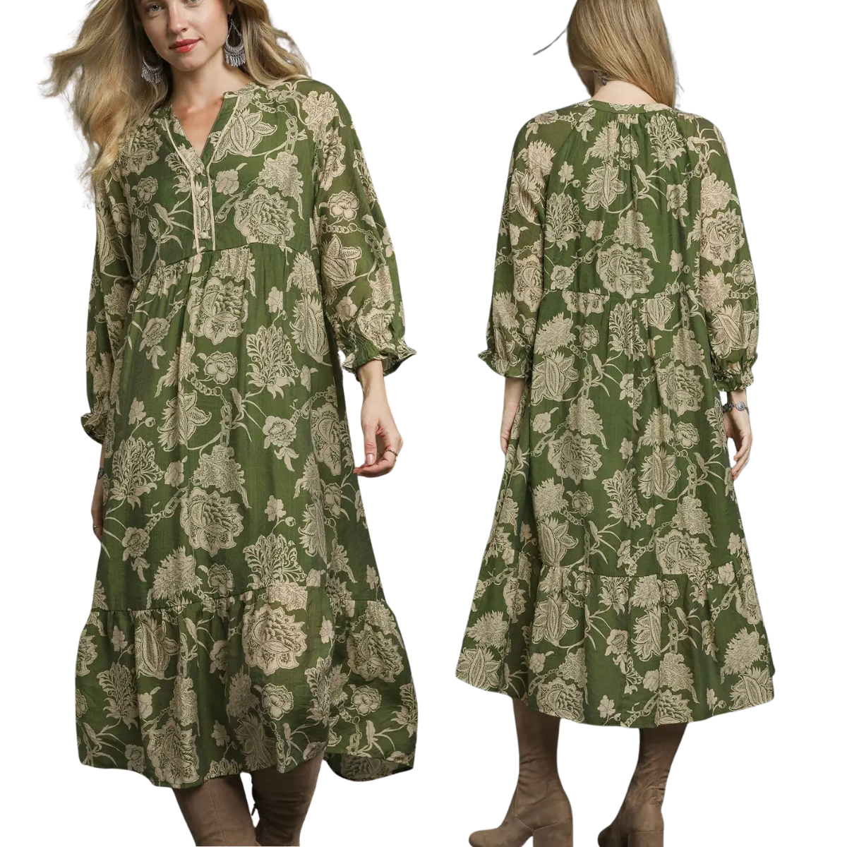 A woman models the Umgee Floral Print Boho Midi Dress in olive green and beige, shown from front and back. She pairs it with brown boots for a complete boho look.