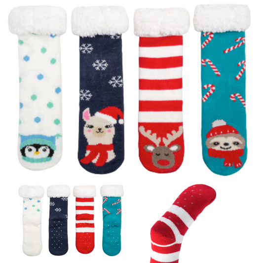 The Holiday Slipper Socks – Assorted by Ganz Inc includes five pairs of festive socks featuring charming designs like a penguin, polka dots, a dog in a Santa hat, snowflakes, a reindeer, red and white stripes with candy canes, and polka dots with a Santa sloth.