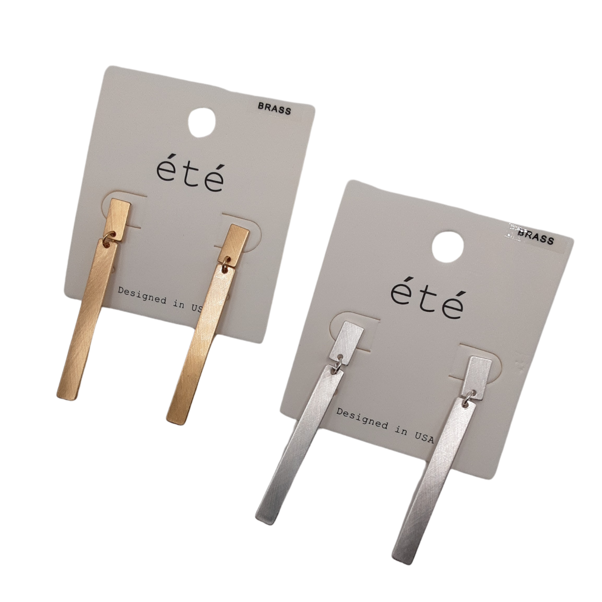 Two pairs of SPECIAL EFFECTS Rectangle Drop Earrings on display cards. One pair is gold-toned and the other silver-toned, both labeled "été" and "Designed in USA. Main image