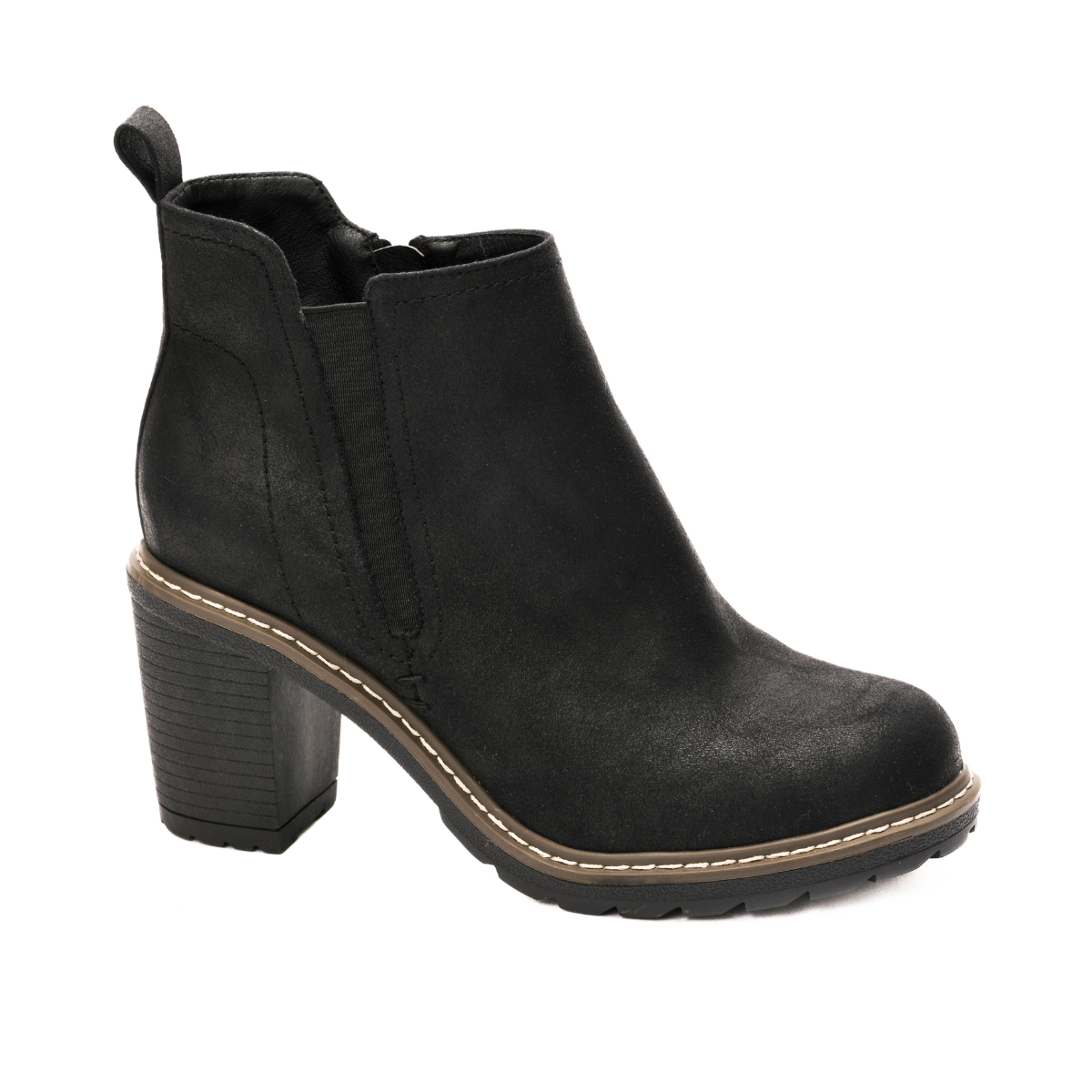 The Bite Me Boot in Black Oil by Corky's from CORKY'S FOOTWEAR INC is a stylish black heeled ankle boot featuring a side zipper and pull tab. It boasts a chunky 3" heel and a textured rubber sole, making it perfect for both casual and semi-formal occasions.